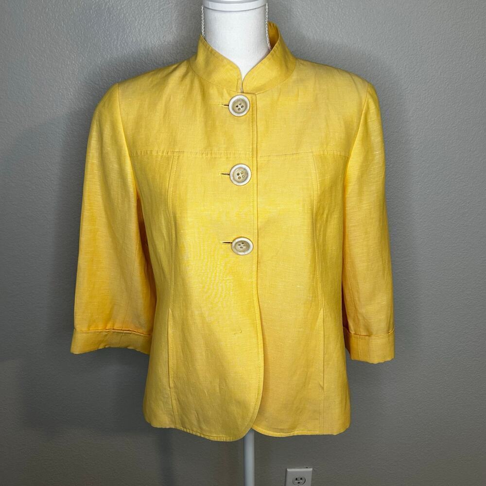 Lafayette 148 Yellow 3 button 3/4 sleeve lined‎ wool and linen blazer size 8
